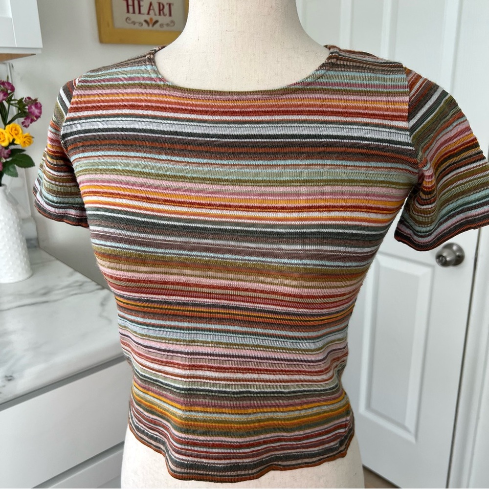 Mia Zia Merino/Cotton Striped Natural Tones Short Sleeve Top